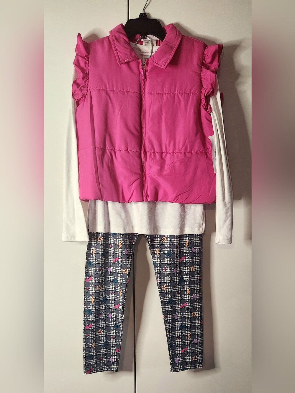 Bonnie Jean Pink Puffer Vest and Plaid Legging Set